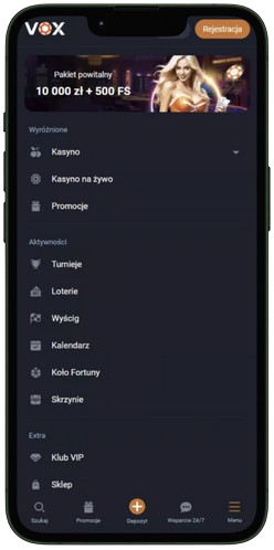 Sekcja live casino w aplikacji mobilnej Vox Casino